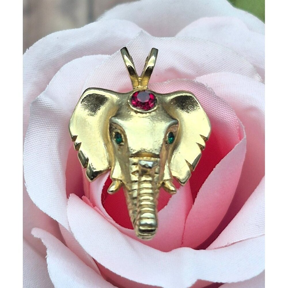 Brushed Gold Tone Elephant Face Pendant Rhinestone Green Eyes 1.25" 3-D